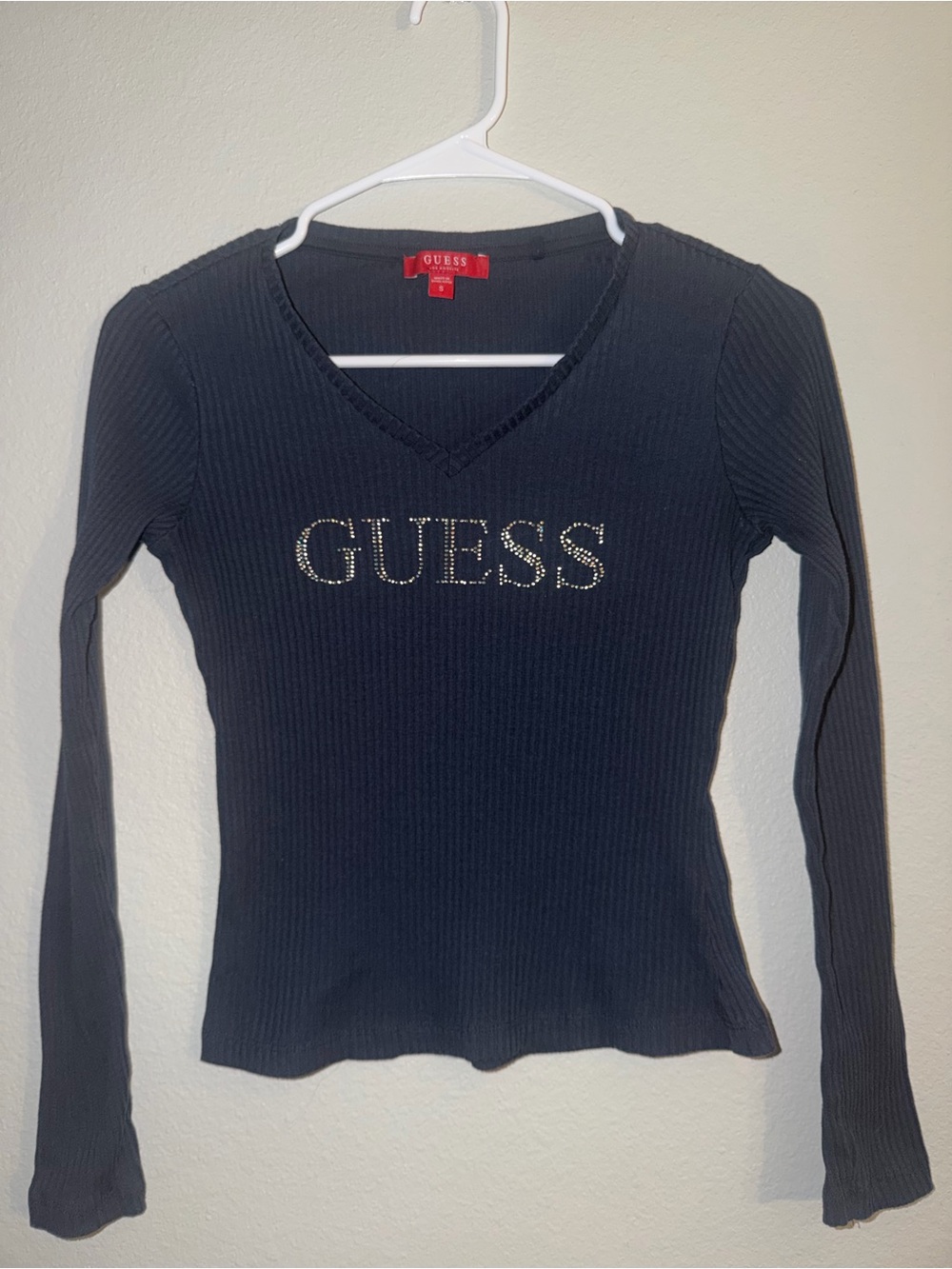 GUESS Women's Navy blue Ribbed Logo Long-Sleeve V-Neck Top